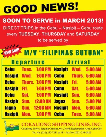 Picture of Cokaliong Cebu-Nasipit-Jagna Shipping Schedule (Latest Schedule)