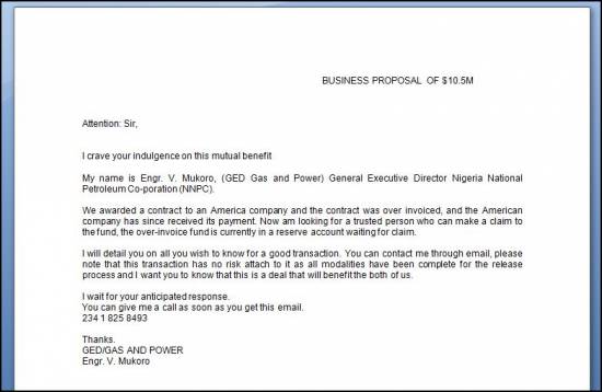 Picture of Mysterious Email from Engr. V. Mukoro with Email Address, engrvmukoro@breathe.com