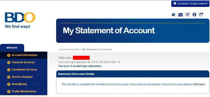 BDO Statement of Account online