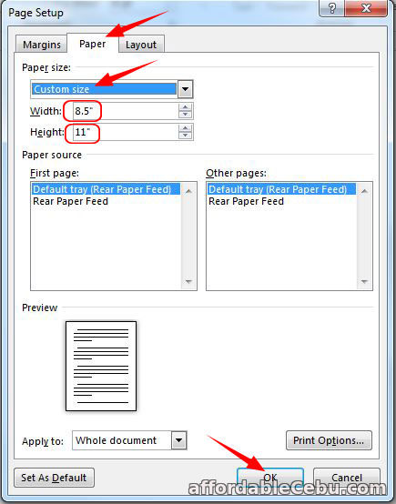 Set Short Bond Paper Size in Microsoft Word