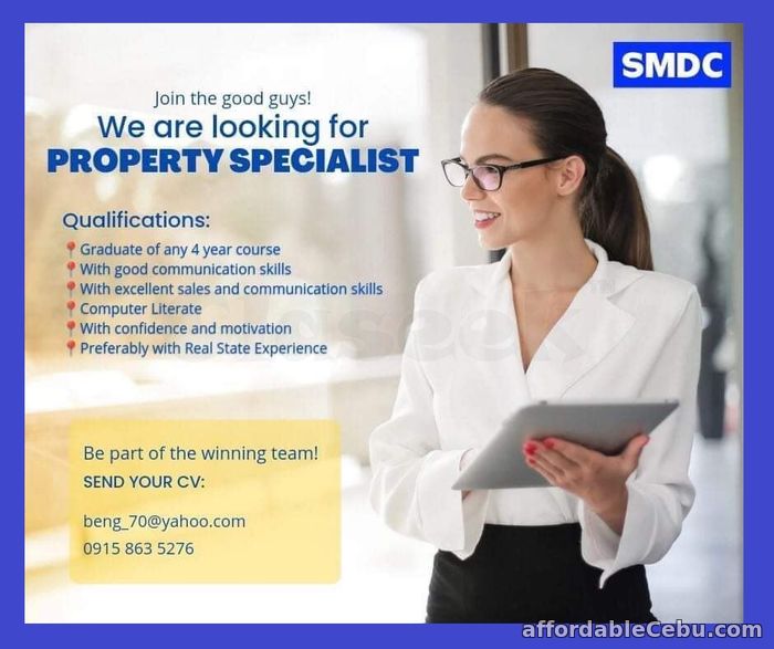 1st picture of Urgent Looking For PROPERTY SPECIALIST to Join Our SMDC Group Looking For in Cebu, Philippines