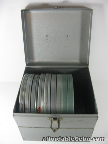 1st picture of Vintage Silver Large 7" Film Reel Can Slotted Carry Case Box with 9 Cans Reels For Sale in Cebu, Philippines