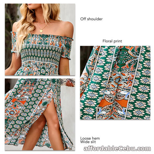 1st picture of (S-Green)Womens Summer Off Shoulder Slit Long Dresses Boho Floral Printed A Line For Sale in Cebu, Philippines