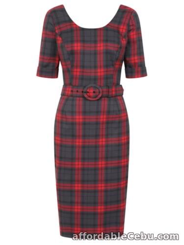 1st picture of Smoky Grey & Red Tartan 1950s Fifties Retro Vintage Style Wiggle Dress For Sale in Cebu, Philippines