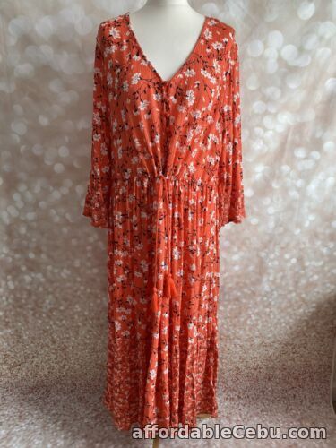 1st picture of M&S DRESS SIZE 14 MIDI ORANGE FLORAL BUTTON FRONT PULLOVER TIE WAIST BOHO For Sale in Cebu, Philippines