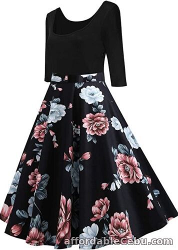 1st picture of AXOE womans black mix floral flare retro rockabilly dress Size 14 UK 1950's For Sale in Cebu, Philippines