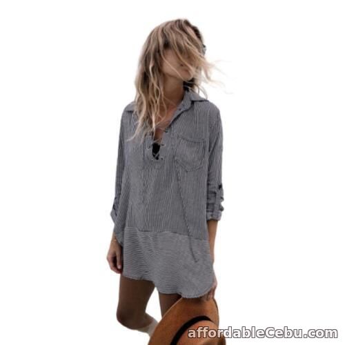 1st picture of Women Sexy V-Neck for Lace Up Lapel Collar Beach Mini Blouse Dress Stripes For Sale in Cebu, Philippines
