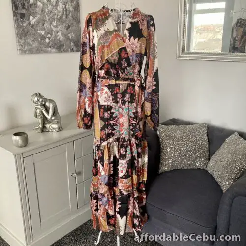 1st picture of BNWT Black Paisley V-Neck Long Balloon Sleeve Tiered Boho Midi Dress One Size For Sale in Cebu, Philippines