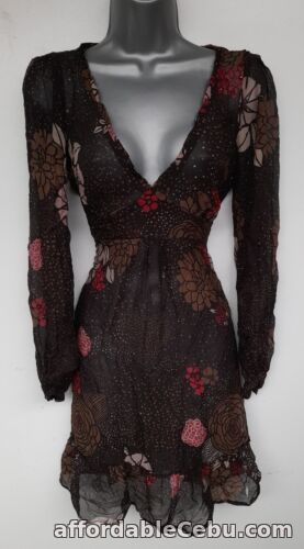 1st picture of OASIS BNWT NEW RRP£65 Size 12 Brown Hand-printed Silk Long Sleeve V Neck Dress For Sale in Cebu, Philippines