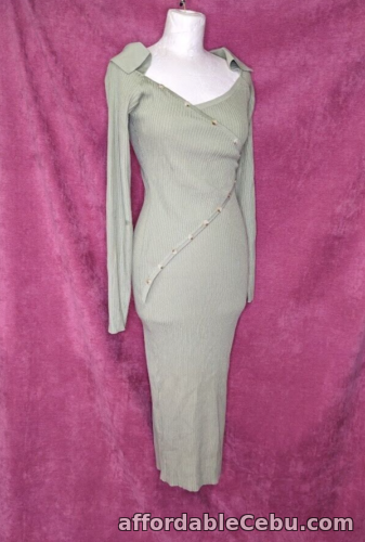 1st picture of Missguided Sage Green Off the Shoulder Dress with Button Detail, Size 12 For Sale in Cebu, Philippines