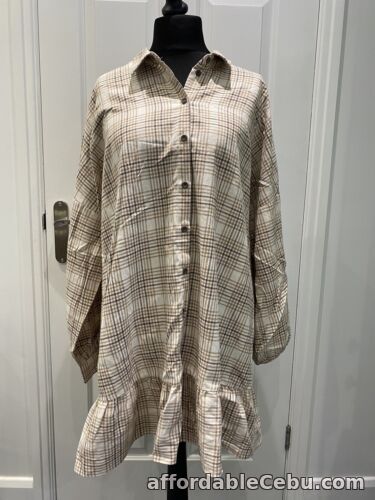 1st picture of Boohoo womens beige check oversized frill hem long sleeve shirt dress 18 For Sale in Cebu, Philippines