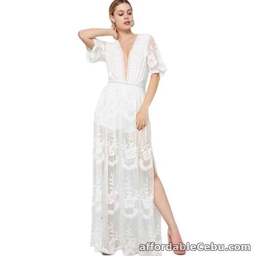 1st picture of Women Short Sleeve Sexy Deep V-Neck Embroidery Floral Lace Split Maxi Long Dress For Sale in Cebu, Philippines