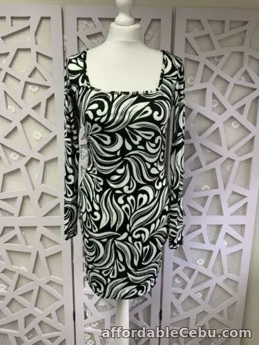 1st picture of BNWT Boohoo Swirl Print Slinky Square Neck Mini Dress Size 16 Black For Sale in Cebu, Philippines