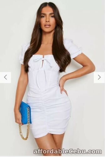 1st picture of BOOHOO PUFF SLEEVE RUCHED DETAIL MINI DRESS Size 14 Slim BNWT White new For Sale in Cebu, Philippines