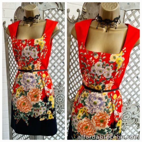 1st picture of OASIS UK 8 NWT £65 Red Oriental Floral Print Square Neck Belted Occasion Dress For Sale in Cebu, Philippines