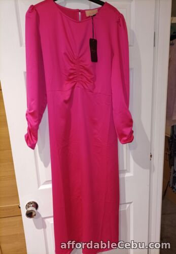 1st picture of Studio Jane hot pink ruched satin midi dress Size 10 New For Sale in Cebu, Philippines
