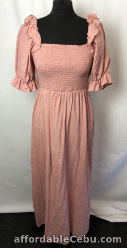 1st picture of New Look Midi Dress Dusky Pink Frill Square Neck Puff Sleeve Shirred UK10 E859 For Sale in Cebu, Philippines