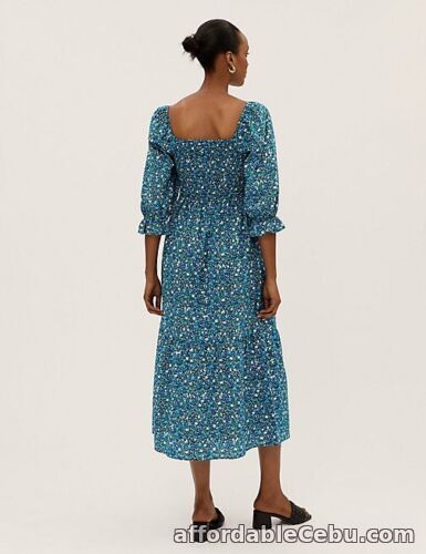 1st picture of Marks and Spencer NEW Cotton Rich Floral Square Neck Midi Dress 12 Long Blue mix For Sale in Cebu, Philippines
