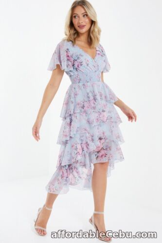 1st picture of Size 14 | Quiz + New Look Blue Floral Chiffon Dip Hem Tiered Frill Midi Dress For Sale in Cebu, Philippines