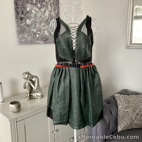 1st picture of BNWT Green Shimmer Laced V-Neck Mesh Insert Pleated Dress Size 10 By Three Floor For Sale in Cebu, Philippines