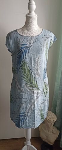 1st picture of C. Valentyne 100% linen dress leaf print side pockets size UK 12 blue NWT For Sale in Cebu, Philippines