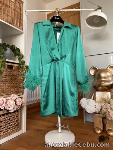 1st picture of ZARA Green Satin Wrap Dress With Feathers Size XS Very Rare For Sale in Cebu, Philippines