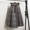 Women Tartan Midi Skirt Check Plaid Irregular A-line Faux Wool Winter Warm