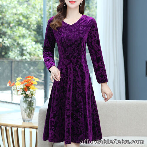 1st picture of Lady Velvet Midi Dress Jacquard Tunic V Neck Pleated Stretchy Party Evening For Sale in Cebu, Philippines