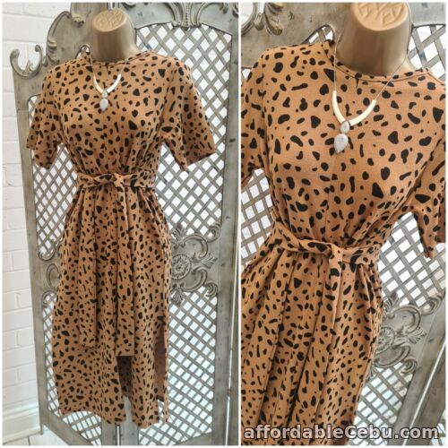 1st picture of BOOHOO UK 8 BNWT Stylish Cheetah Animal Print Tie Front Crepe Midi Dress Office For Sale in Cebu, Philippines