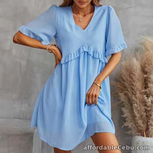 1st picture of Women Summer Dress Sleeveless Ruffle Sleeve V Neck Mini Dress Pure Color Loose For Sale in Cebu, Philippines