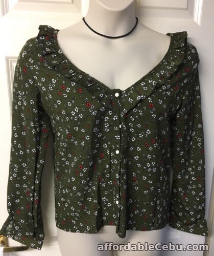 1st picture of ladies blouse green floral Size 10/12 Pearl Button Long Sleeve Frill Neckline For Sale in Cebu, Philippines