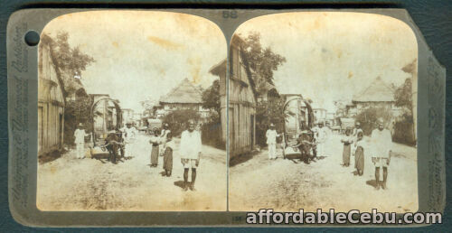 1st picture of 1899 Philippines VILLAGE HOMES AND PEOPLE AT MOLO NEAR ILOILO Stereoview Card For Sale in Cebu, Philippines