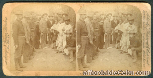 1st picture of 1899 Philippine–American War 3 FILIPINOS ENTERING AMERICAN LINES Stereoview Card For Sale in Cebu, Philippines