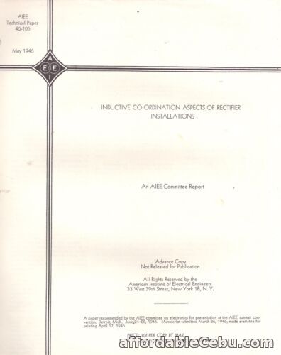 1st picture of 1946 AIEE Technical Paper Inductive Co-ordination Aspects Rectifier Installation For Sale in Cebu, Philippines