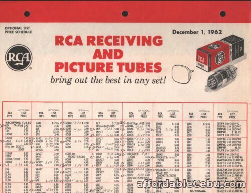 1st picture of RCA Entertainment Receiving Tubes - Price Schedule - 12/1/62 For Sale in Cebu, Philippines