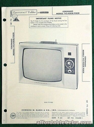 1st picture of 1964 CORONADO Television PHOTOFACT Service Manual Model TV2-9382B/9283B For Sale in Cebu, Philippines