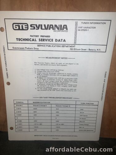 1st picture of GTE Sylvania VHF Varactor 54-37920-1 Service Data,parts List,schematics. For Sale in Cebu, Philippines