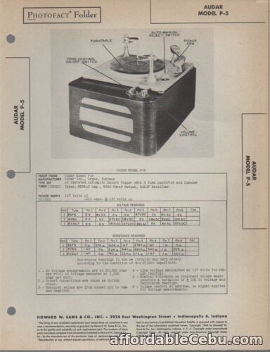 1st picture of 1946 AUDAR P-5 RECORD PLAYER SERVICE MANUAL PHOTOFACT SCHEMATIC CHANGER DIAGRAM For Sale in Cebu, Philippines