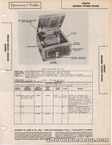 1st picture of 1946 ZENITH 5R080 PHONO RADIO SERVICE MANUAL SCHEMATIC REPAIR PHOTOFACT 5r086 For Sale in Cebu, Philippines