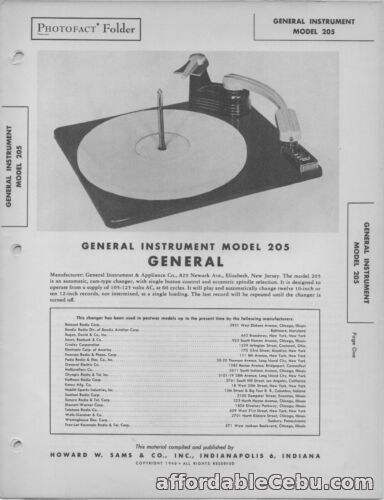 1st picture of 1946 GENERAL INSTRUMENT 205 RECORD PLAYER CHANGER SERVICE MANUAL PHOTOFACT For Sale in Cebu, Philippines