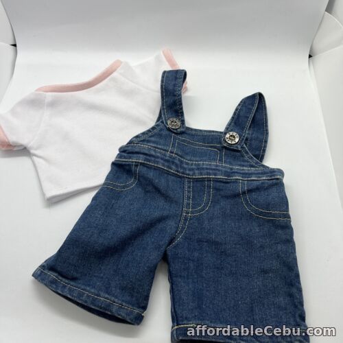1st picture of Build A Bear White T Shirt With Pink  Trim And Denim Overalls For Sale in Cebu, Philippines