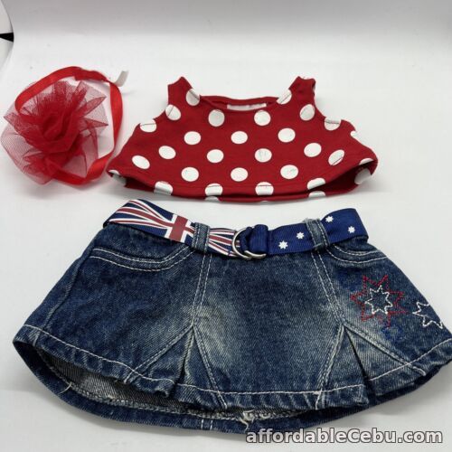 1st picture of Build A Bear Red Spotty Top ( Slight Cracking), Denim Australian Skirt & Bow For Sale in Cebu, Philippines