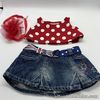 Build A Bear Red Spotty Top ( Slight Cracking), Denim Australian Skirt & Bow