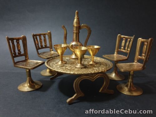 1st picture of Dolls house miniatures - table, 4 chairs, 3 cups & urn - gold tone For Sale in Cebu, Philippines