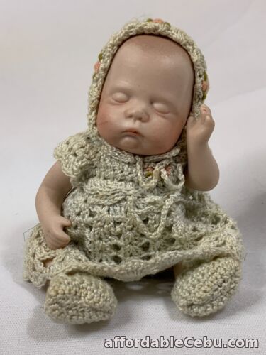 1st picture of German 1950s Dollhouse Porcelain doll baby 6 inches crochet romper bonnet For Sale in Cebu, Philippines