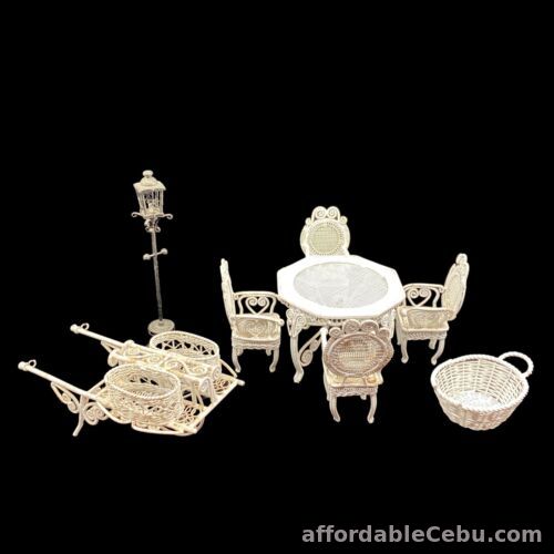 1st picture of White Wire Dollhouse Furniture 1:12 Wheelbarrow Table & Chair Set Basket Lamp For Sale in Cebu, Philippines