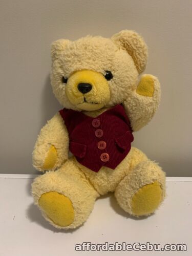 1st picture of Vintage Soft Yellow Teddy Bear 35cms Corduroy Waistcoat 1970s For Sale in Cebu, Philippines