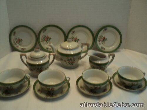 1st picture of Vintage Miniature, 17 pc. China Tea Set - Occupied Japan -  Olive Green Borders For Sale in Cebu, Philippines