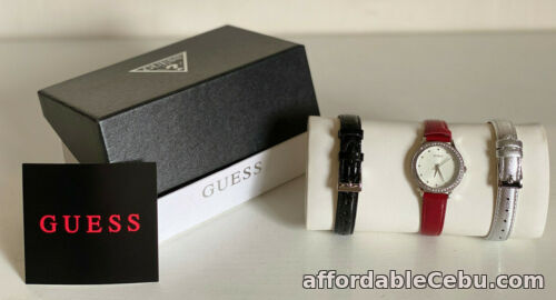 1st picture of NEW! GUESS INTERCHANGEABLE 3-BANDS BLACK SILVER RED LEATHER BRACELET WATCH $185 For Sale in Cebu, Philippines