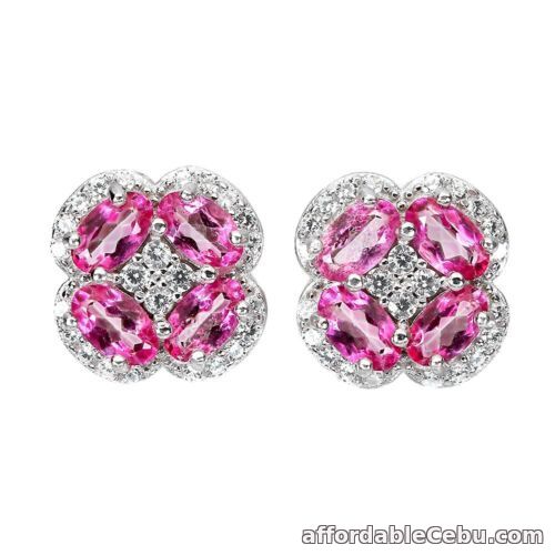 1st picture of NATURAL Pink TOPAZ & CZ Round 925 Sterling Silver Flower Earrings 5x3mm For Sale in Cebu, Philippines